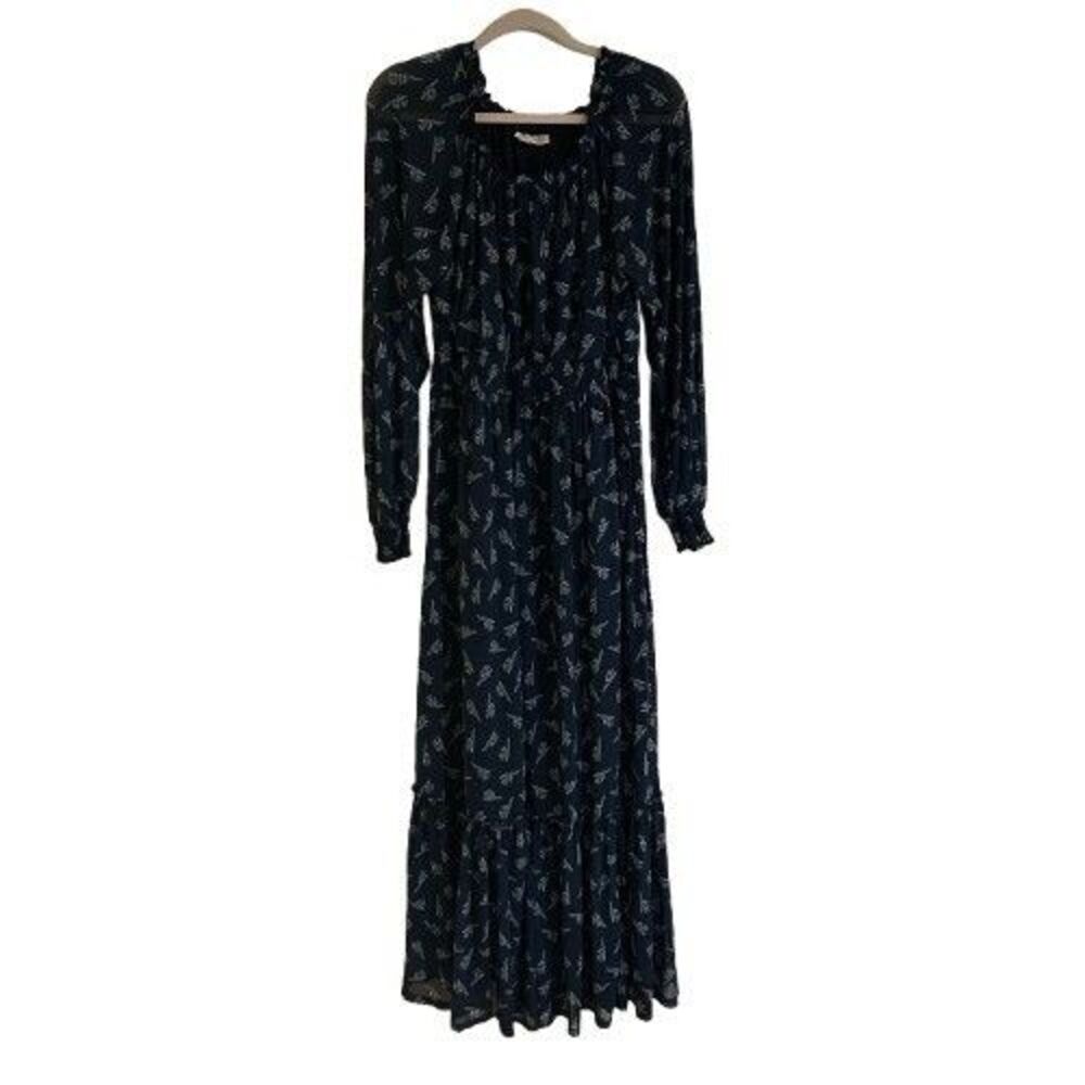 Knox Rose Smocked A-Line Maxi Dress Womens Large Navy White Floral Mesh Lined